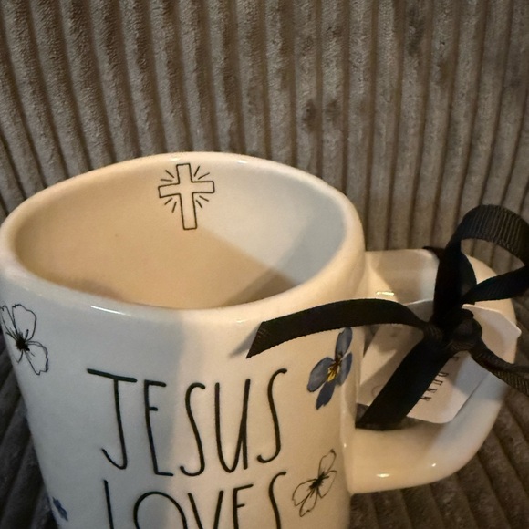 Rae Dunn White Mug with Blue Floral Accents - Jesus Loves Me - Picture 3 of 7